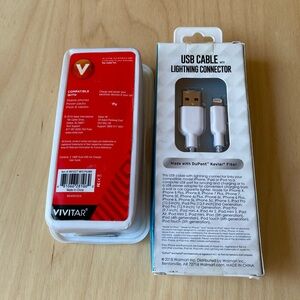 USB cable lightning connector and Vivitar 2.1amp Charge Away dual USB charger